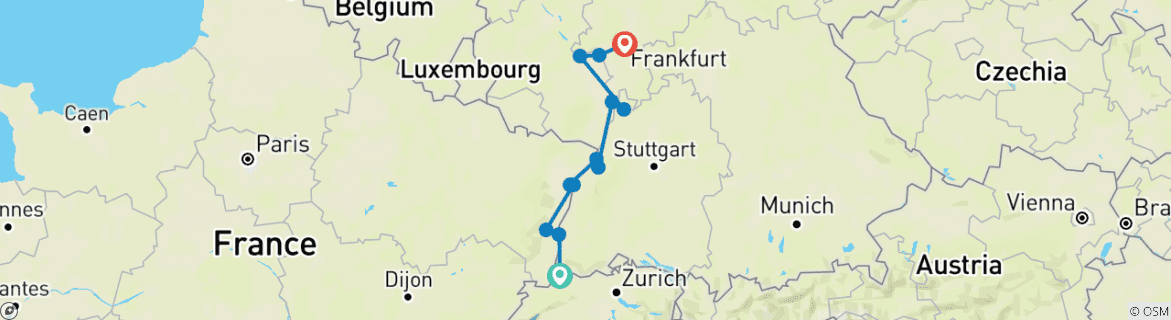 Image of a map showing the route of the tour