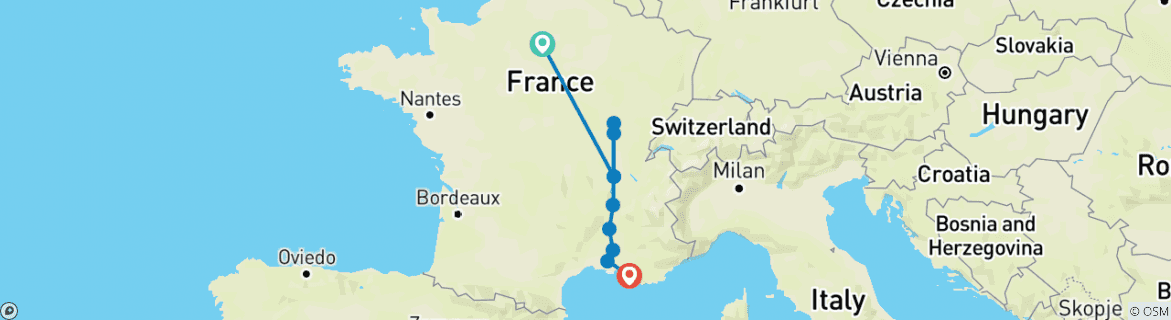 Image of a map showing the route of the tour