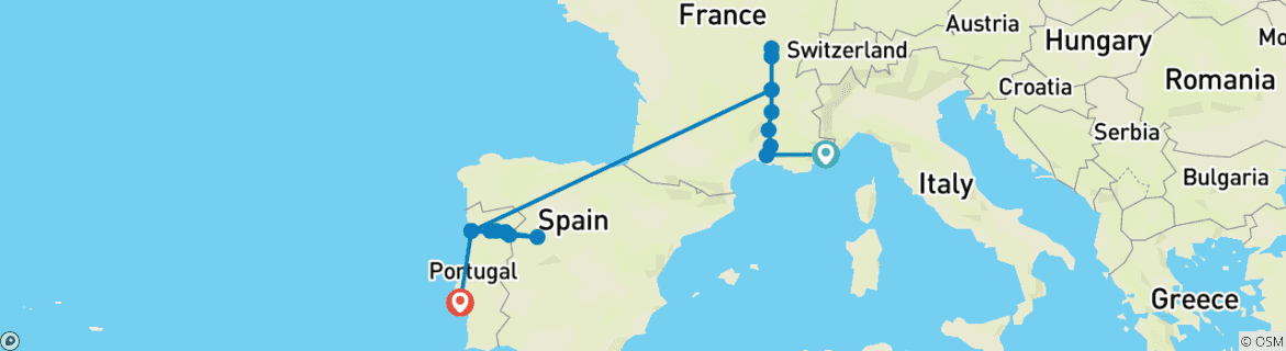 Image of a map showing the route of the tour