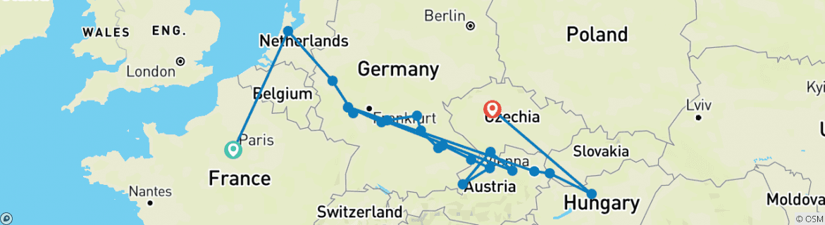 Image of a map showing the route of the tour