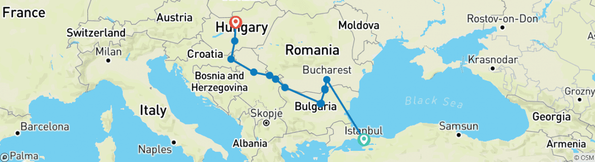 Image of a map showing the route of the tour