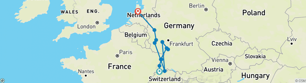 Image of a map showing the route of the tour
