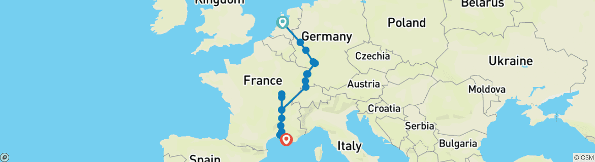 Image of a map showing the route of the tour