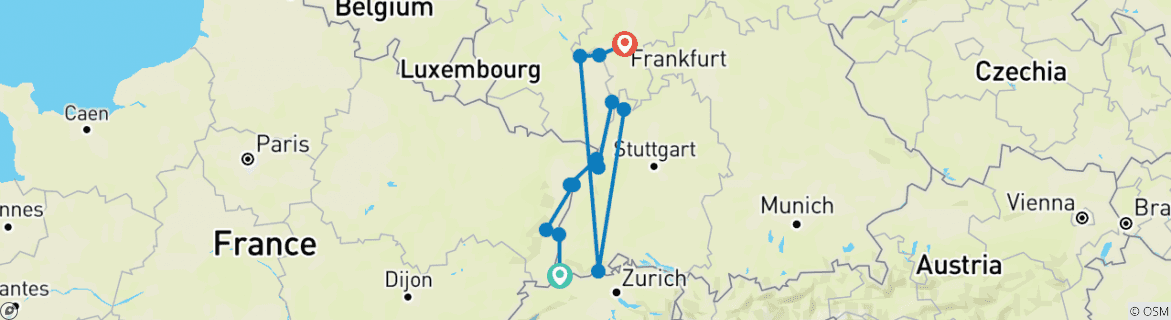 Image of a map showing the route of the tour