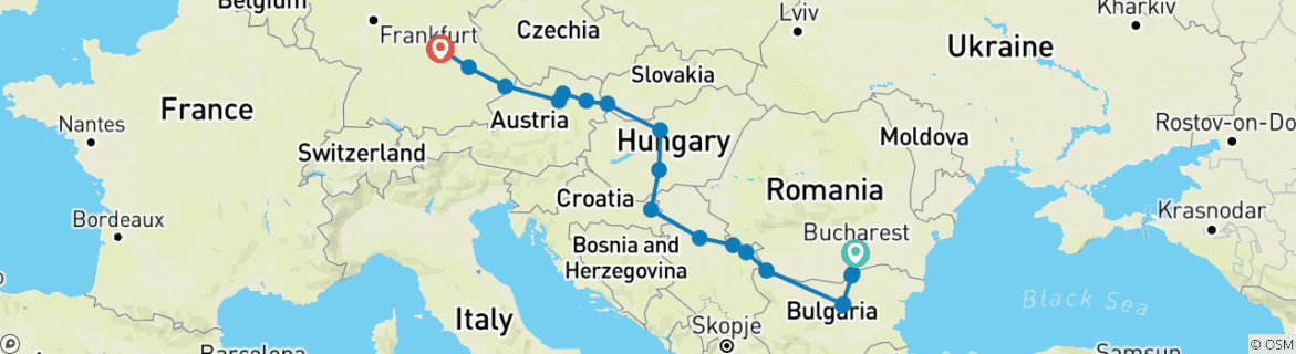 Image of a map showing the route of the tour