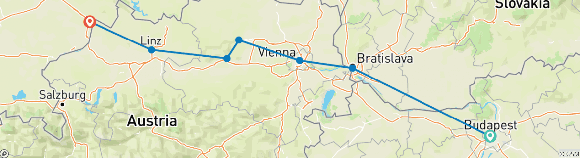 Image of a map showing the route of the tour