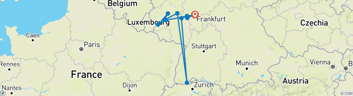 Image of a map showing the route of the tour