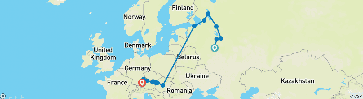 Image of a map showing the route of the tour