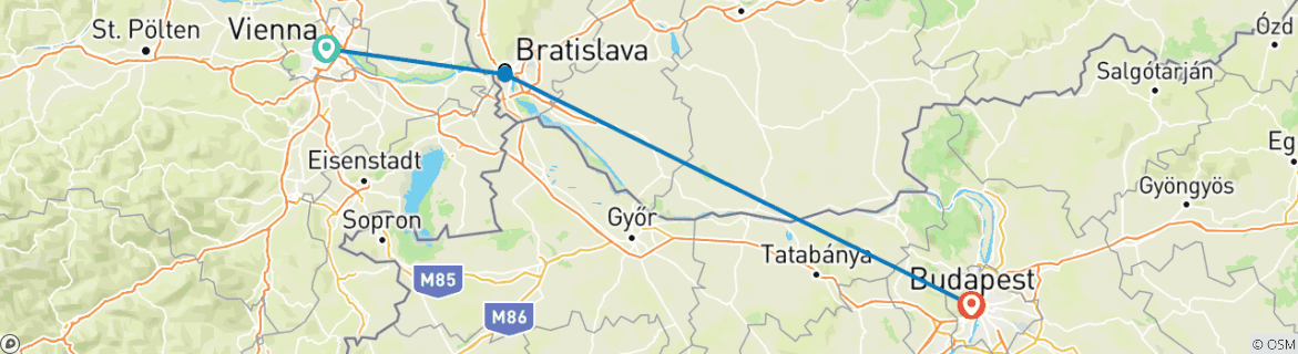 Image of a map showing the route of the tour