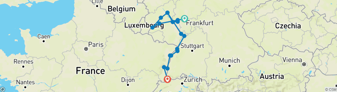Image of a map showing the route of the tour