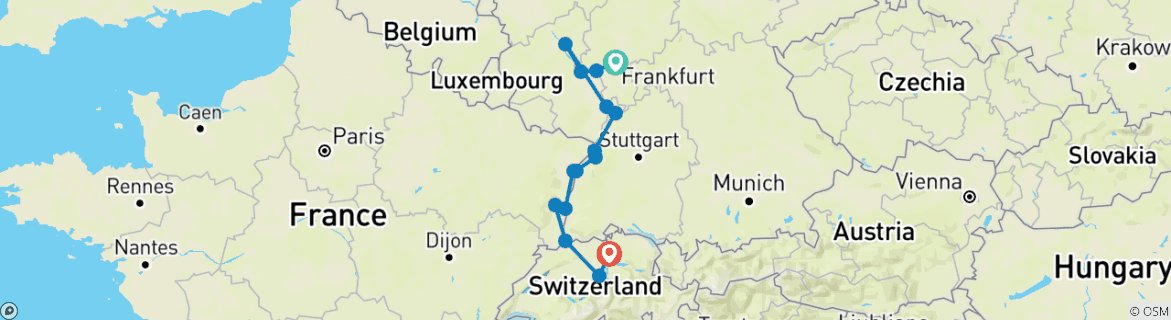 Image of a map showing the route of the tour