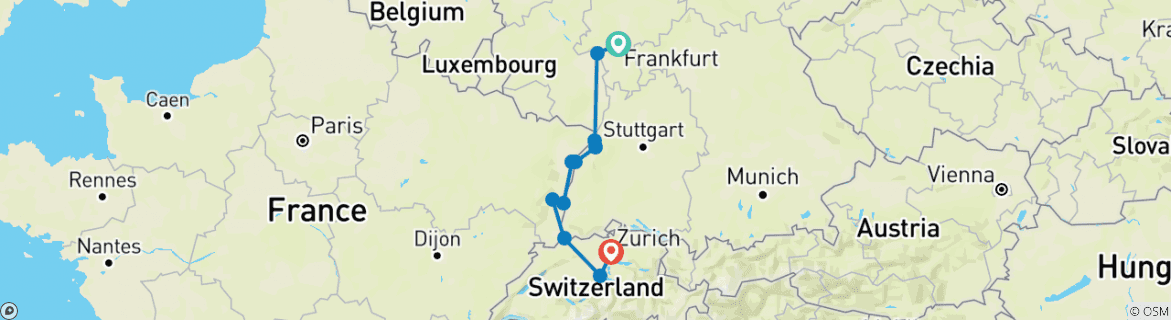 Image of a map showing the route of the tour