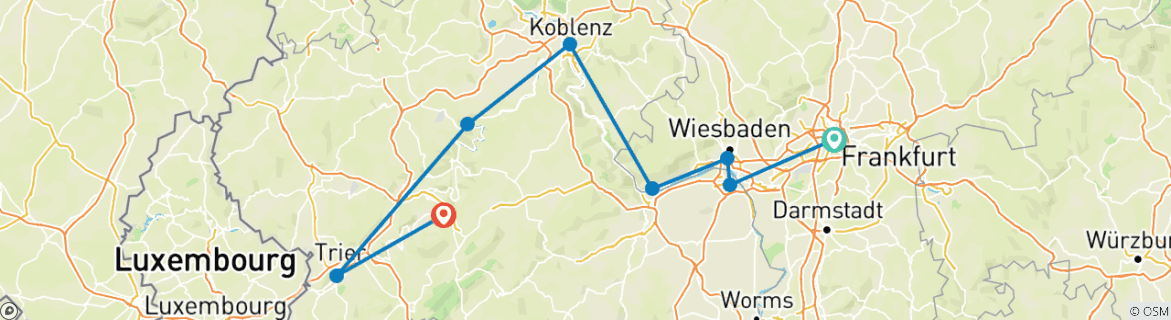 Image of a map showing the route of the tour