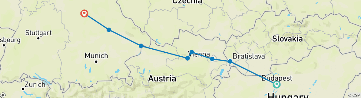 Image of a map showing the route of the tour