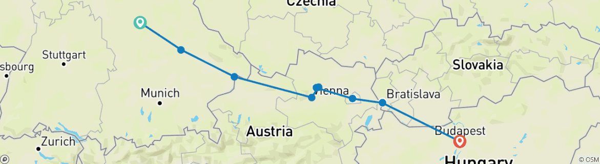 Image of a map showing the route of the tour