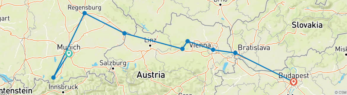 Image of a map showing the route of the tour
