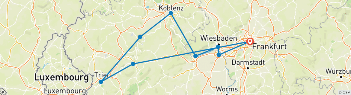 Image of a map showing the route of the tour