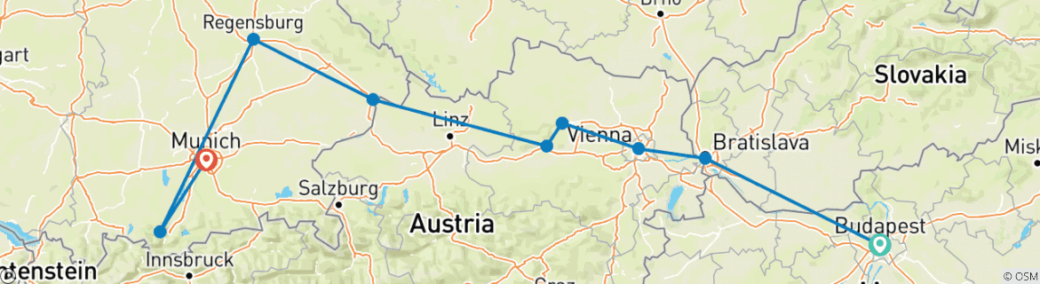 Image of a map showing the route of the tour