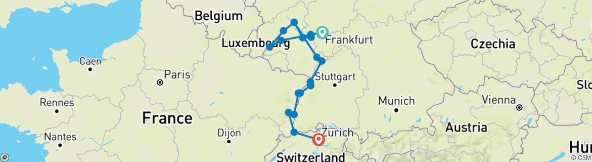 Image of a map showing the route of the tour