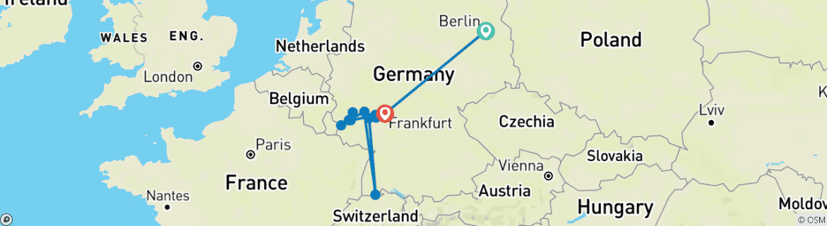 Image of a map showing the route of the tour