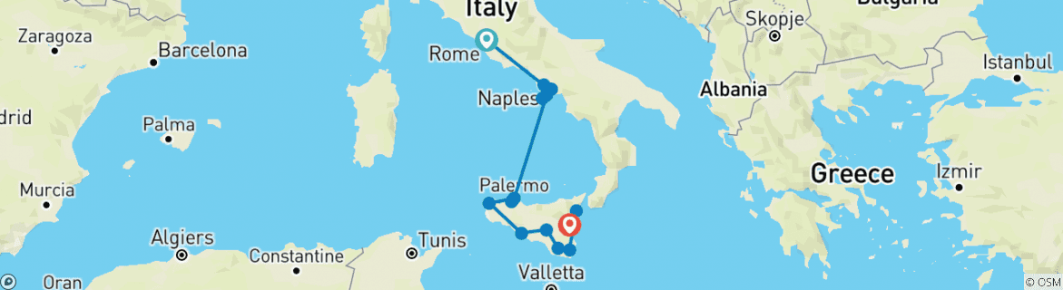 Image of a map showing the route of the tour