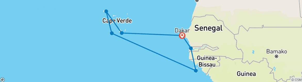 Image of a map showing the route of the tour
