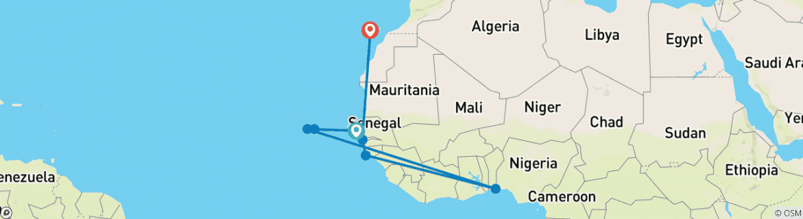 Image of a map showing the route of the tour