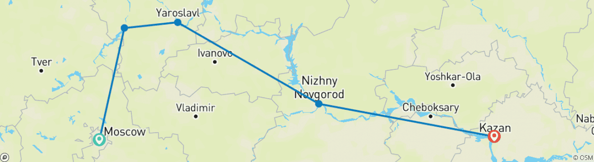 Image of a map showing the route of the tour