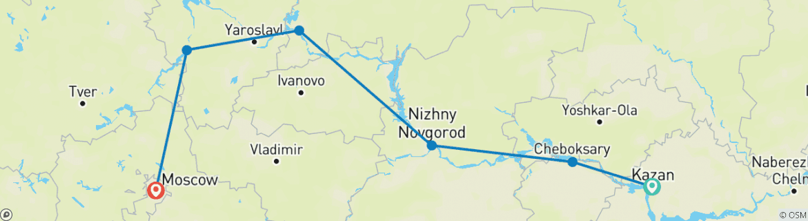 Image of a map showing the route of the tour