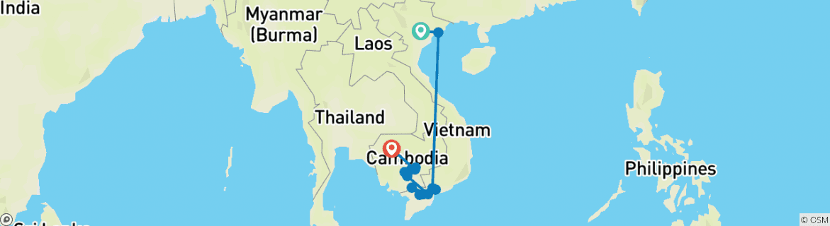 Image of a map showing the route of the tour