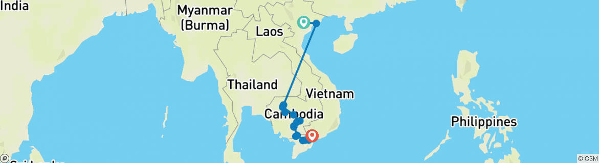 Image of a map showing the route of the tour