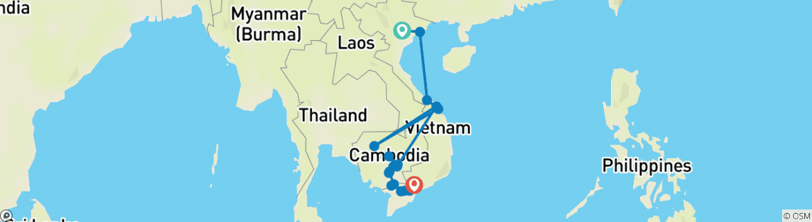 Image of a map showing the route of the tour