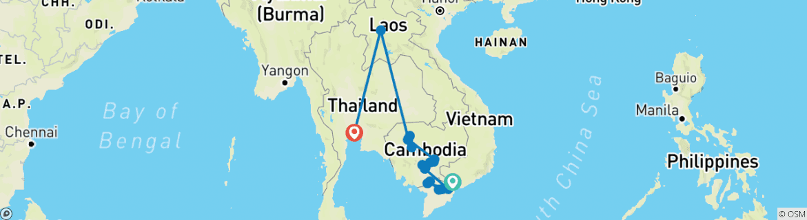 Image of a map showing the route of the tour