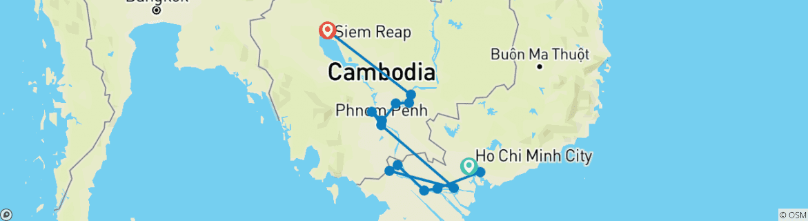 Image of a map showing the route of the tour