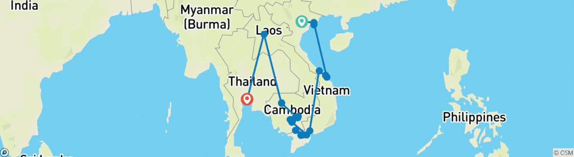 Image of a map showing the route of the tour