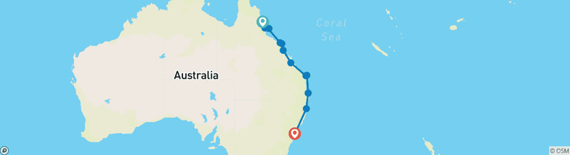 Image of a map showing the route of the tour
