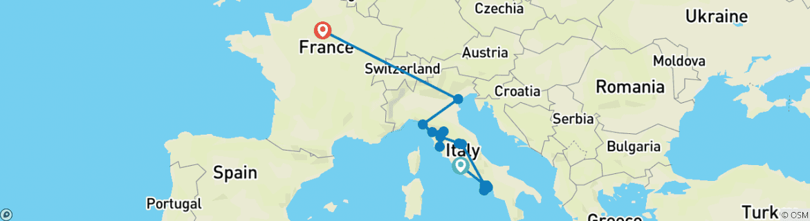 Image of a map showing the route of the tour