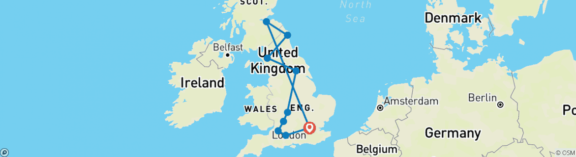 Image of a map showing the route of the tour