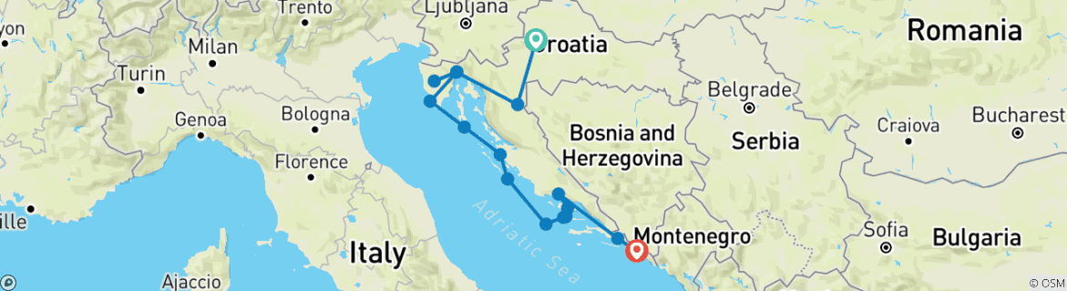 Image of a map showing the route of the tour