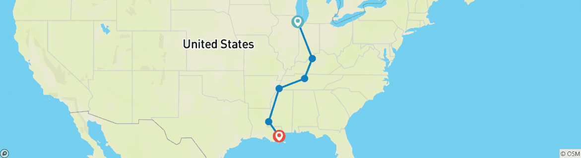 Image of a map showing the route of the tour
