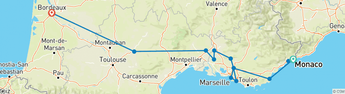 Image of a map showing the route of the tour