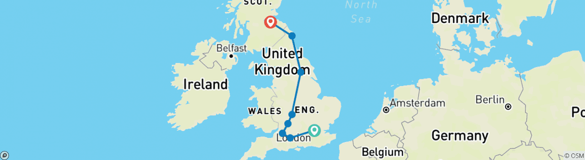 Image of a map showing the route of the tour