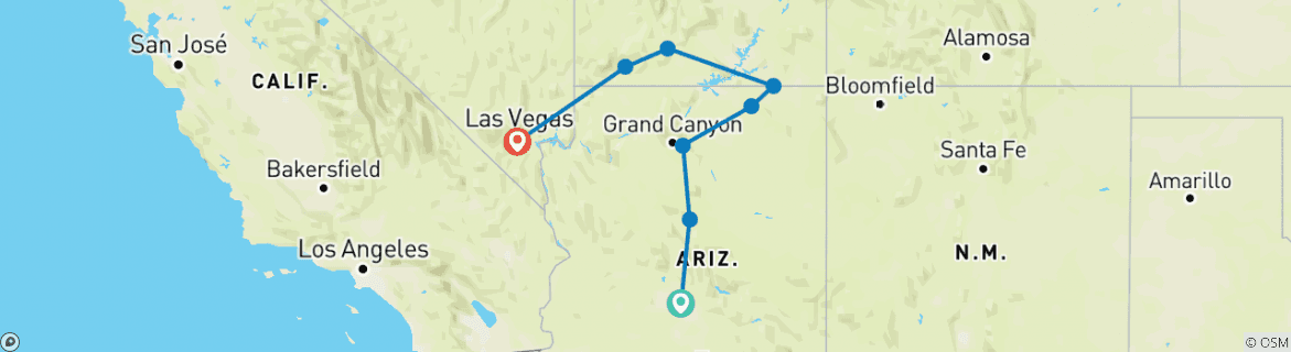 Image of a map showing the route of the tour