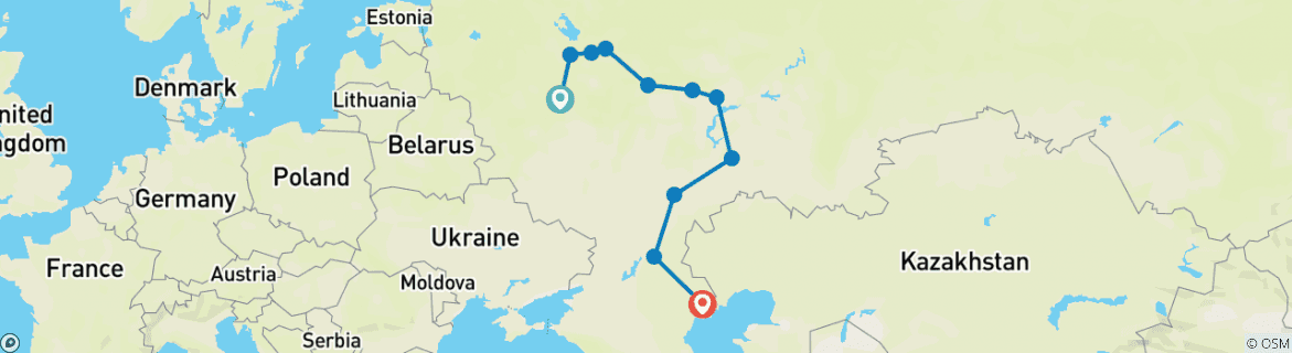 Image of a map showing the route of the tour
