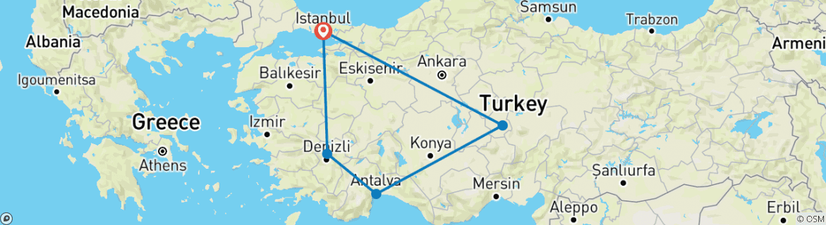 Image of a map showing the route of the tour