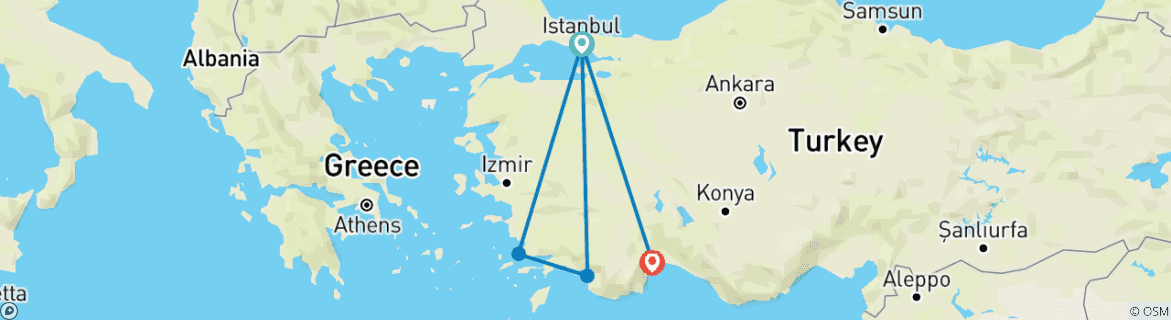 Image of a map showing the route of the tour