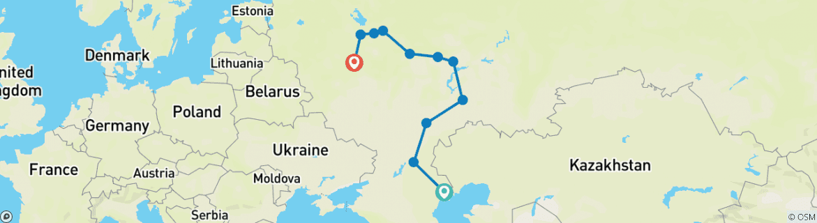 Image of a map showing the route of the tour