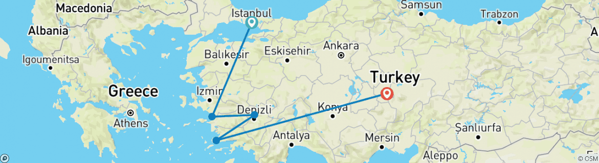 Image of a map showing the route of the tour
