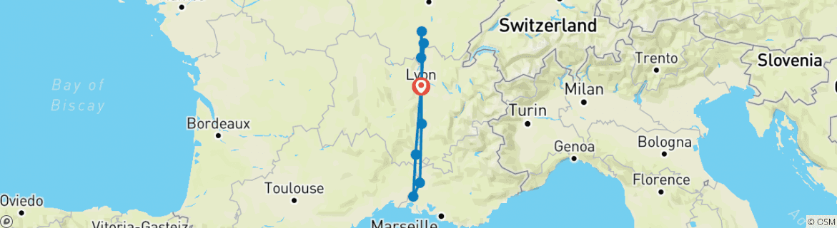 Image of a map showing the route of the tour