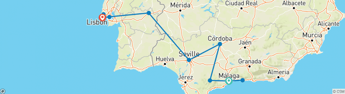 Image of a map showing the route of the tour